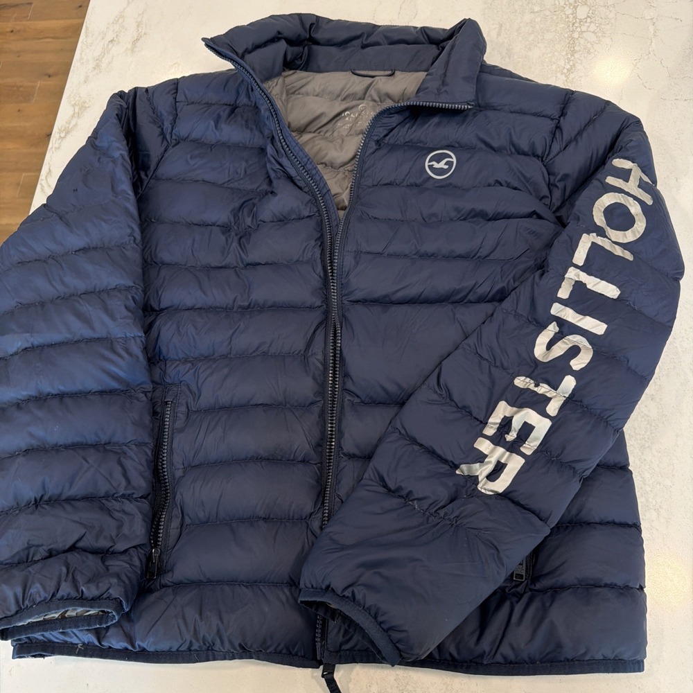 Hollister Duck Down Puffer Jacket XLarge Blue Full Zip - One Section Damage
